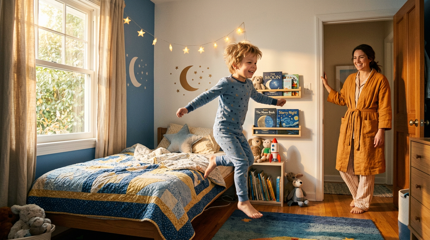Boldog reggel: kipihent gyermek mosolyogva ugrik ki az ágyából, a szülő az ajtóban mosolyog