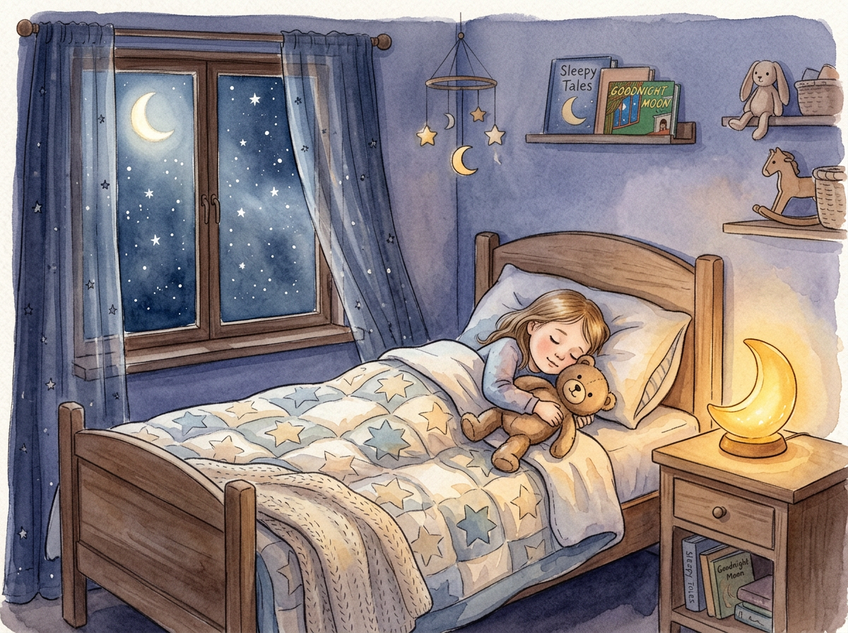 Nyugodt gyerekszoba éjszaka, holdfényben békésen alvó kisgyermek