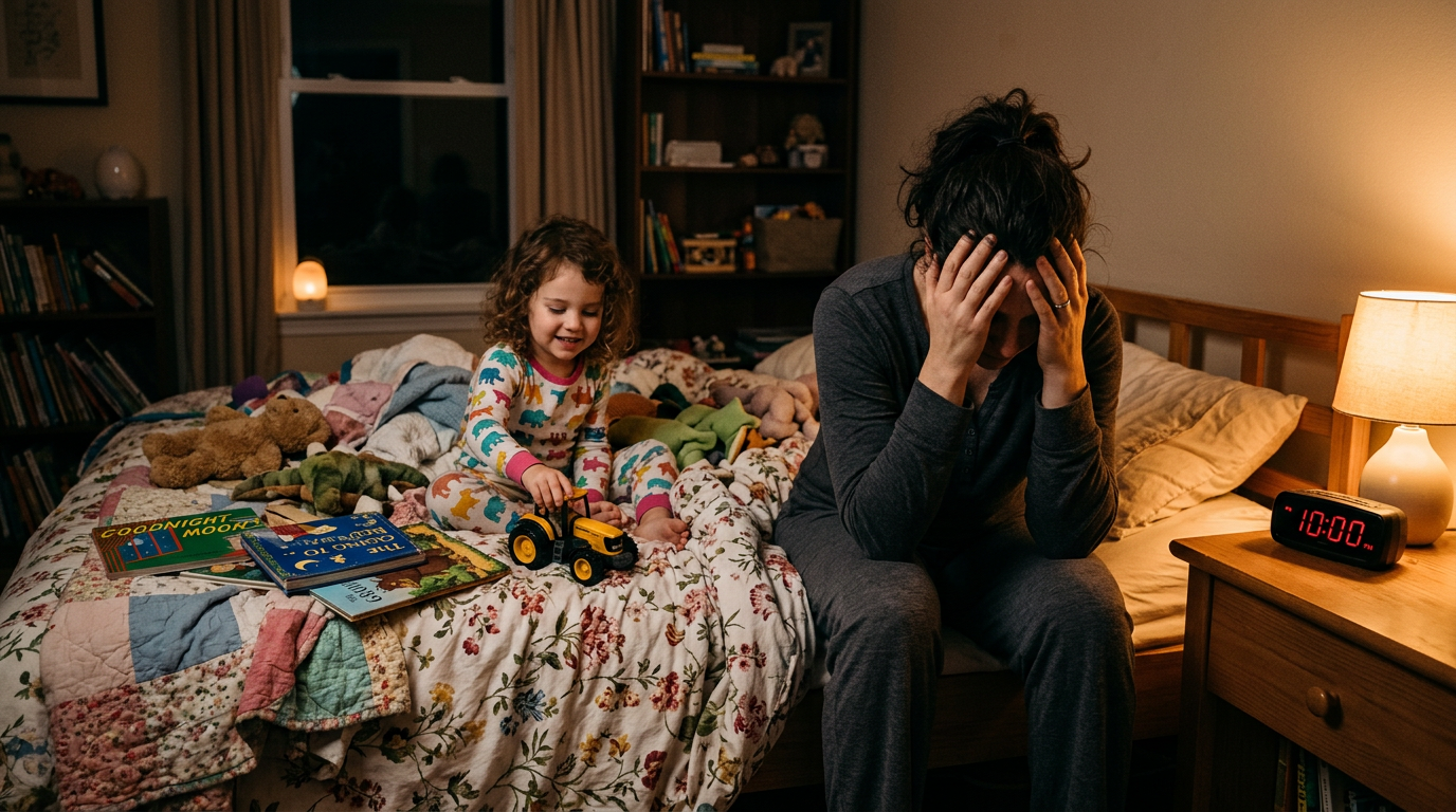 Kimerült szülő a gyermek ágya szélén ül este 10-kor, a gyerek még mindig ébren van