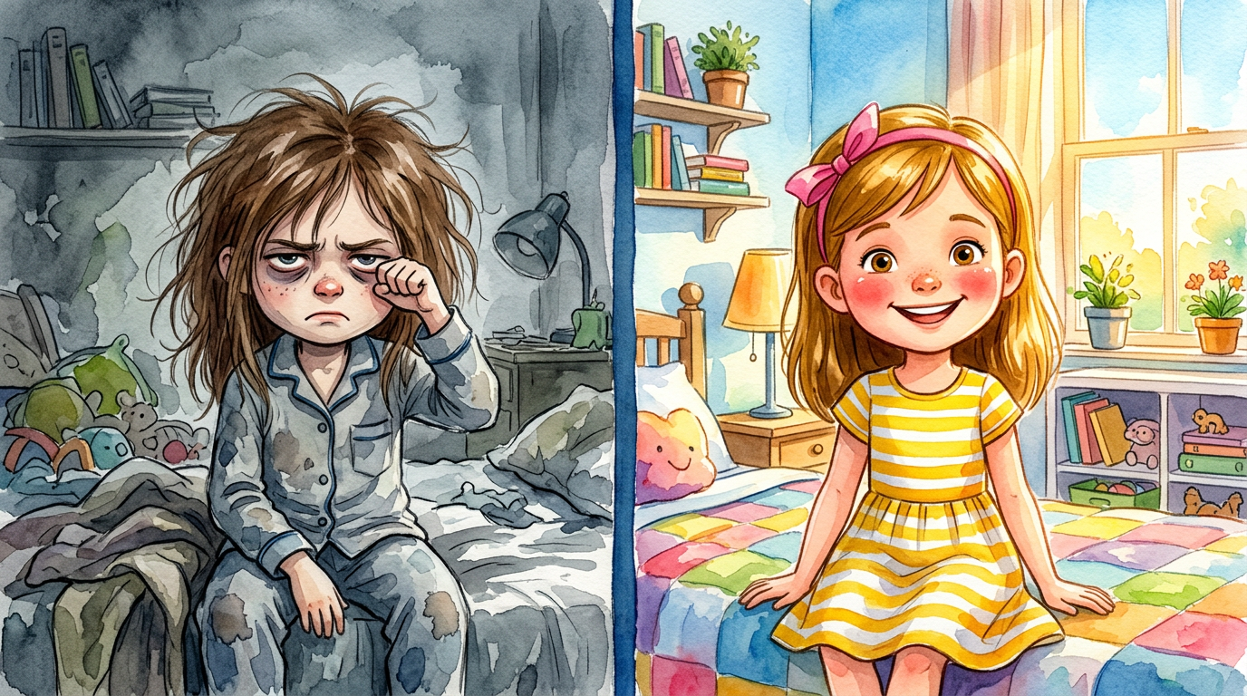 Előtte-utána: fáradt, ingerlékeny gyermek vs. kipihent, mosolygó gyermek