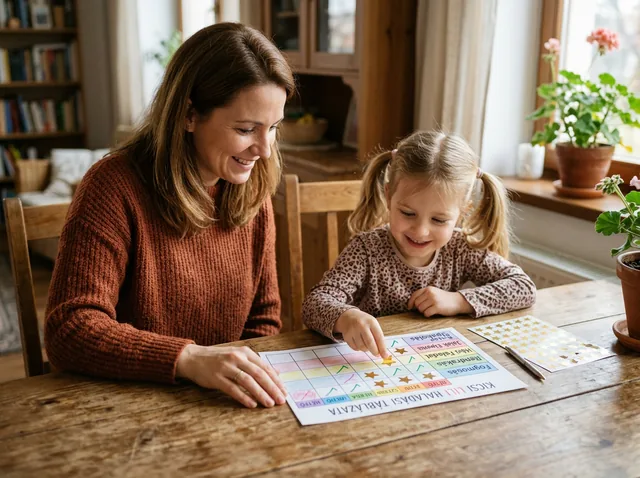 Anya és gyermeke együtt nézik a haladási táblázatot — arany csillag matricát ragasztanak