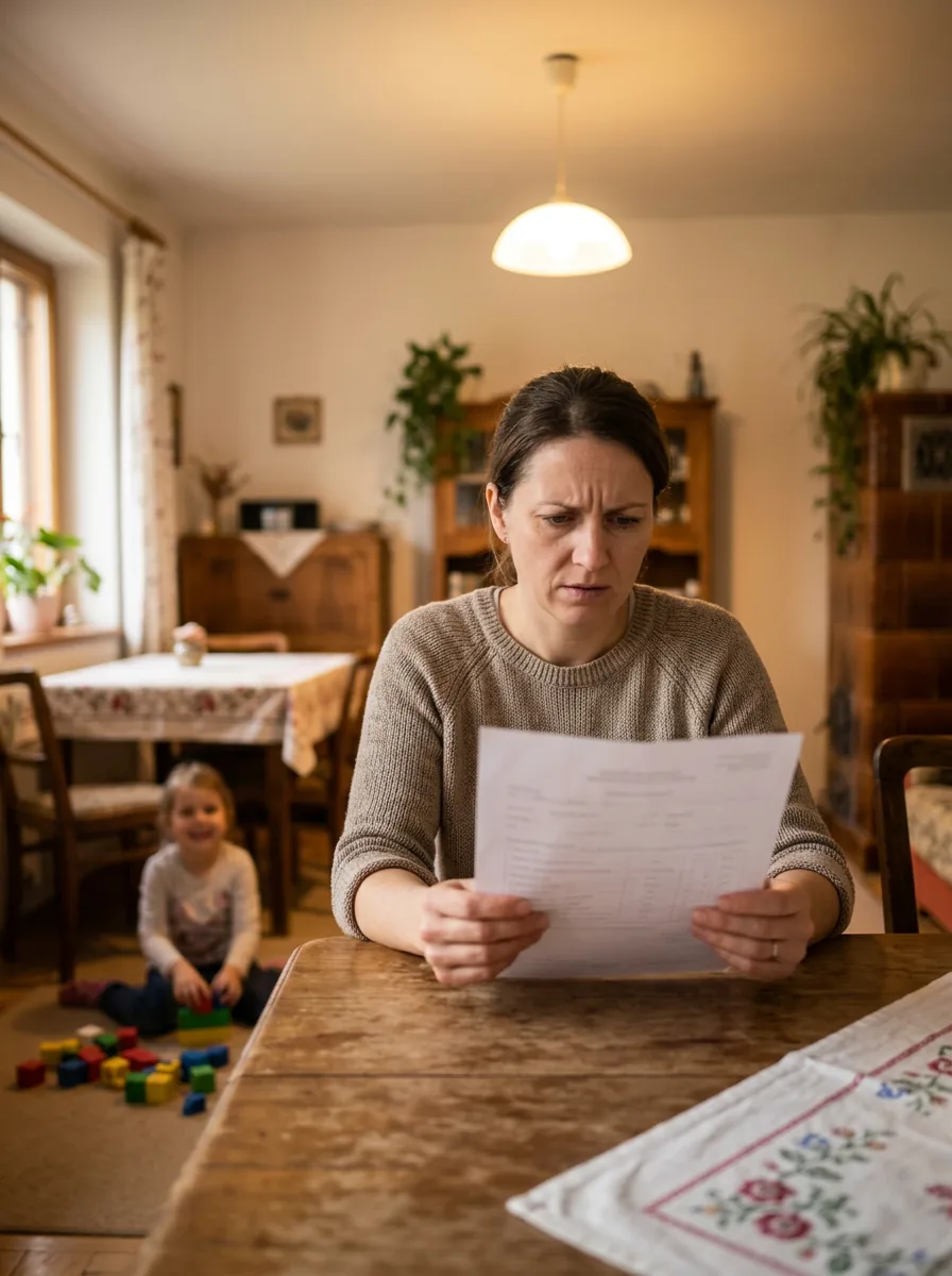 Aggódó anya dokumentumot olvas az asztalnál, miközben gyermeke gondtalanul játszik a háttérben