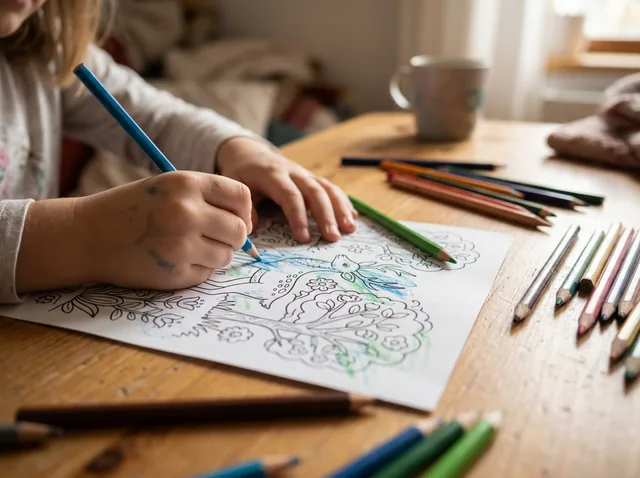 Gyerek keze színezés közben — a vonalak kívülre mennek, ami figyelemzavarra utalhat