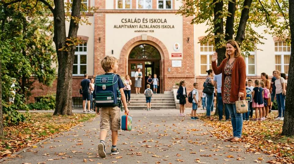 Magabiztos gyerek hátizsákkal sétál az iskola felé az első tanítási napon — büszke szülő integet mögötte