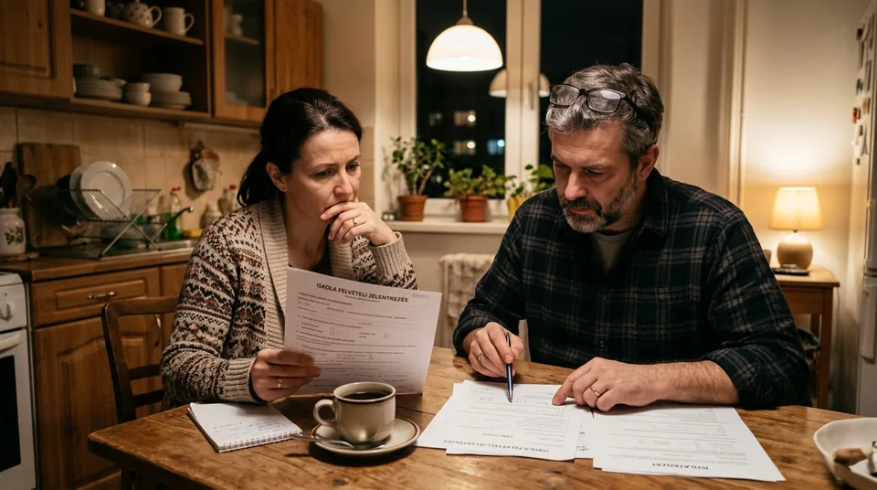 Aggódó szülők a konyhában iskolai beíratási dokumentumokat néznek — az iskolakezdés döntése
