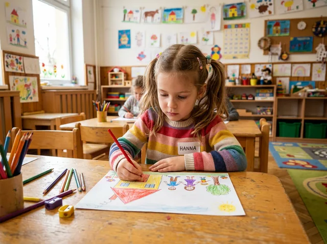Kislány az óvodában rajzol — felismerhető házat és családot ábrázol színes ceruzákkal