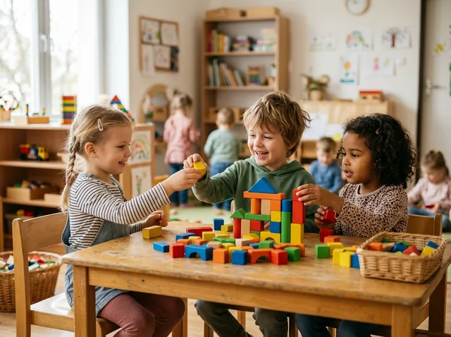 Három óvodás gyerek együtt épít színes építőkockákkal — közösségben való együttműködés