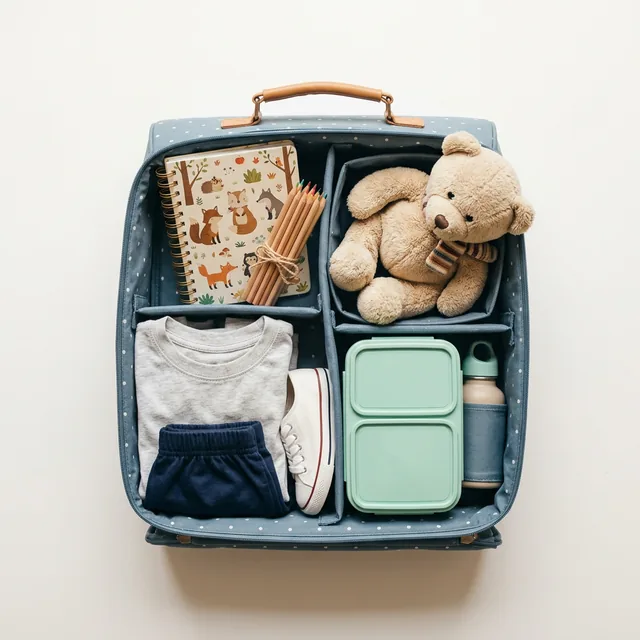 Jól megpakolt gyerek bőrönd felülnézetből — iskolaérettség bőrönd metafora, füzet, ceruzák, plüss, uzsonna