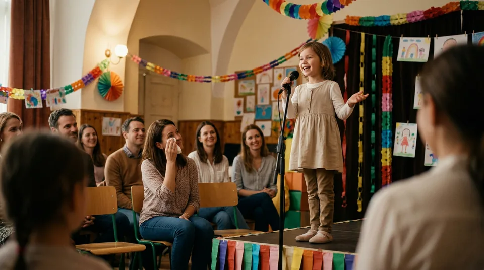 Magabiztos kislány boldogan énekel a színpadon az iskolai ünnepségen — büszke szülők a nézőtéren