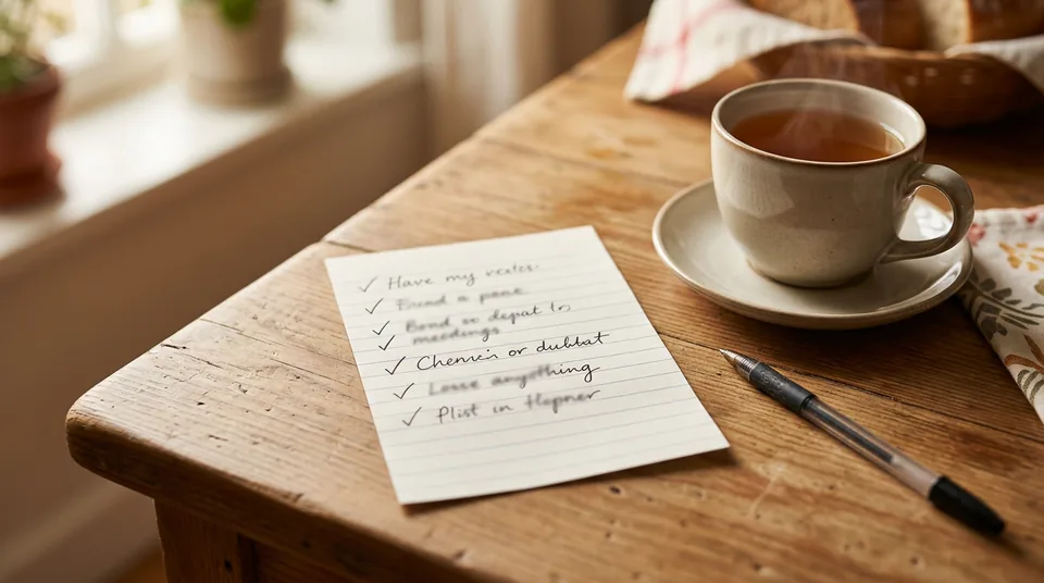 Kézzel írt emlékeztető jegyzet a konyhaasztalon, teával — 6 fontos kulcsüzenet a szorongáskezeléshez