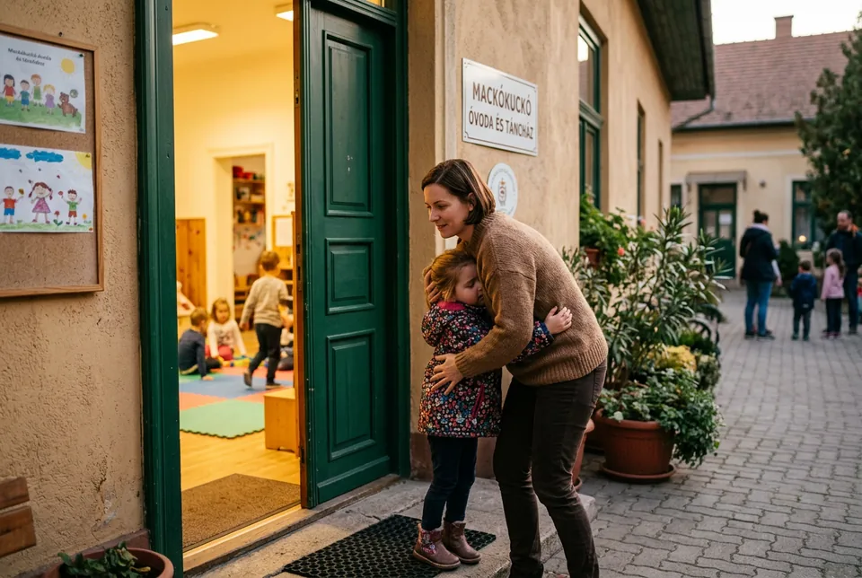 Anya szorosan öleli kislányát az óvoda bejáratánál — nyugodt, határozott átvezetés a küszöbön