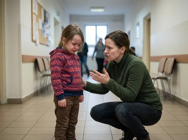 Türelmetlen szülő guggolva magyaráz a síró kislánynak egy folyosón — győzködés nem működik