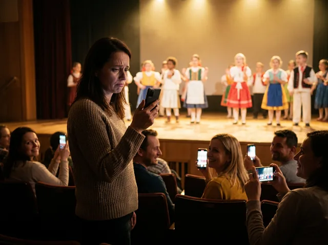 Csalódott anya telefonnal az előadáson — a gyereke nincs a színpadon, más szülők boldogan fotóznak
