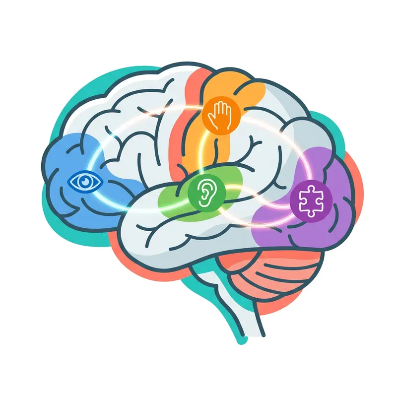 Gyermeki agy illusztráció a figyelmi rendszer területeivel: vizuális, auditív, motoros és memória – figyelemfejlesztés részképességei
