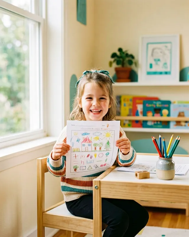 Magabiztos kislány büszkén mutatja elkészült feladatlapját az íróasztalánál – sikeres figyelemfejlesztés eredménye