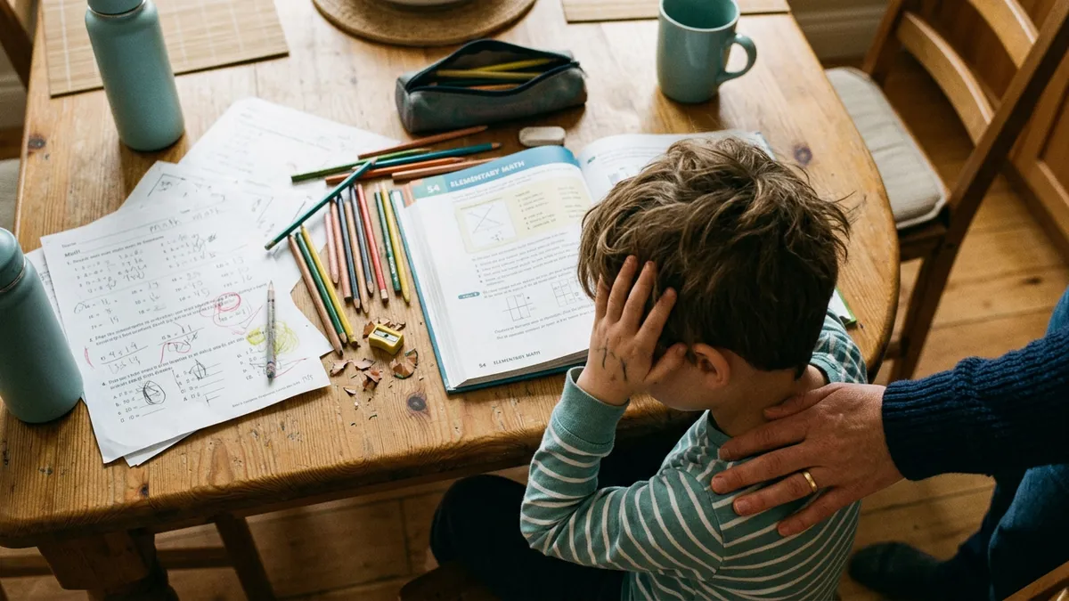 Frusztrált kisgyermek fogja a fejét a házi feladat felett az asztalnál – szülő keze támogatóan a vállán