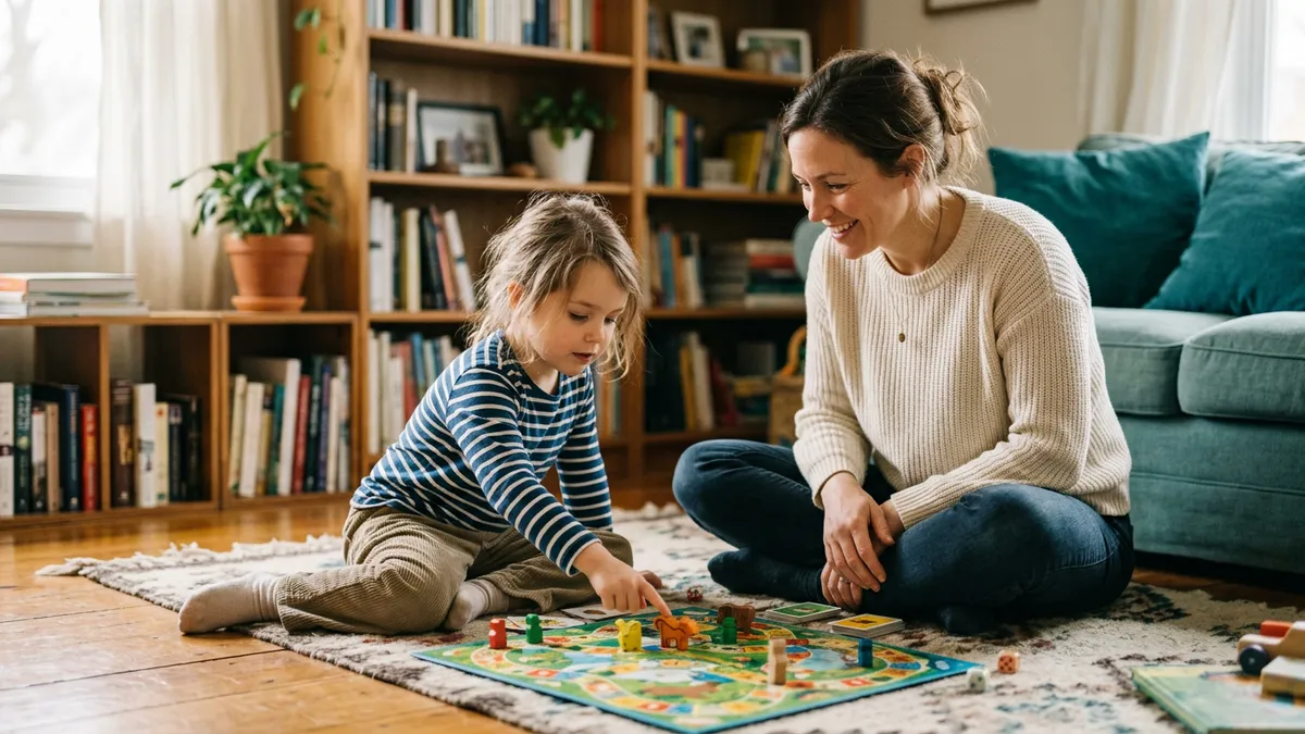 Anya és kislánya együtt játszanak fejlesztő társasjátékkal a nappaliban – otthoni figyelemfejlesztés játékosan