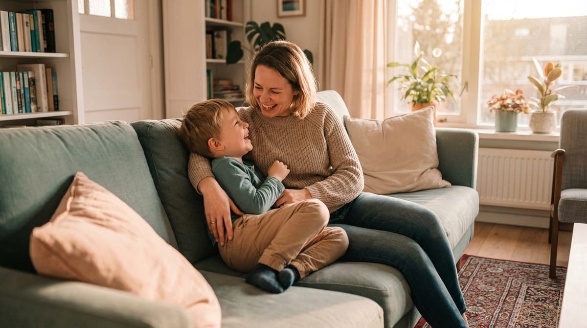 Boldog anyuka és kisfia nevetnek a kanapén