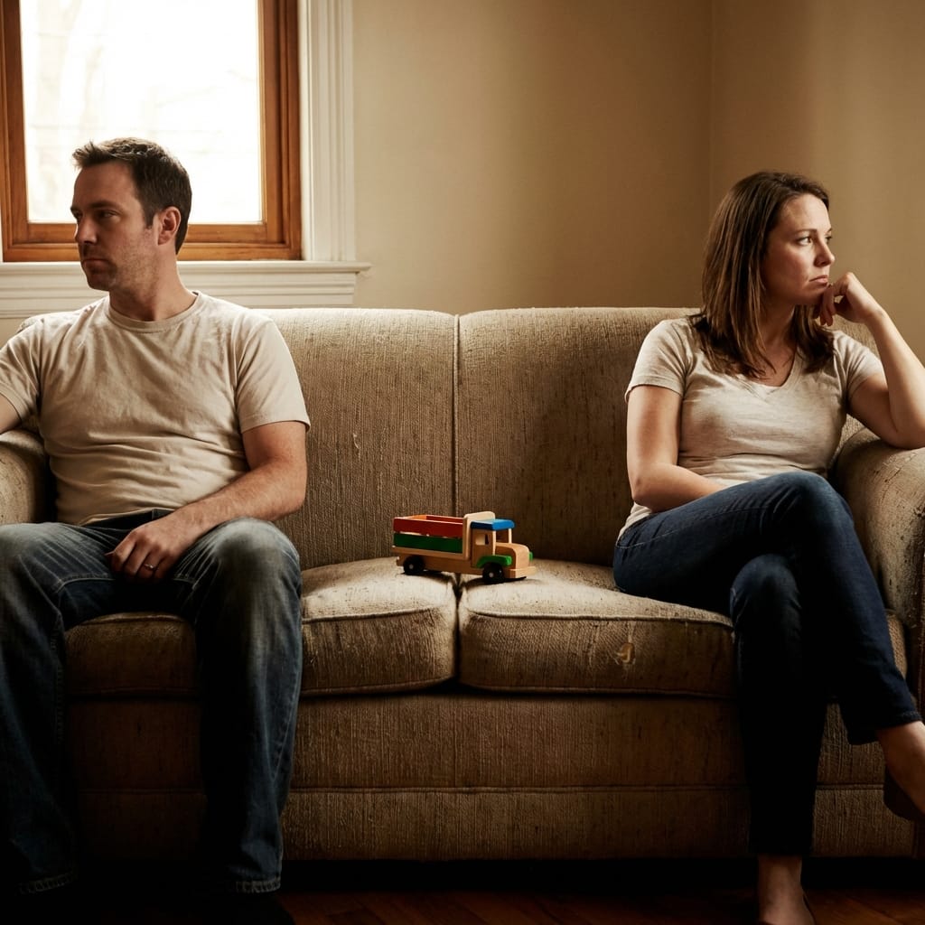 Szülők feszülten ülnek a kanapén