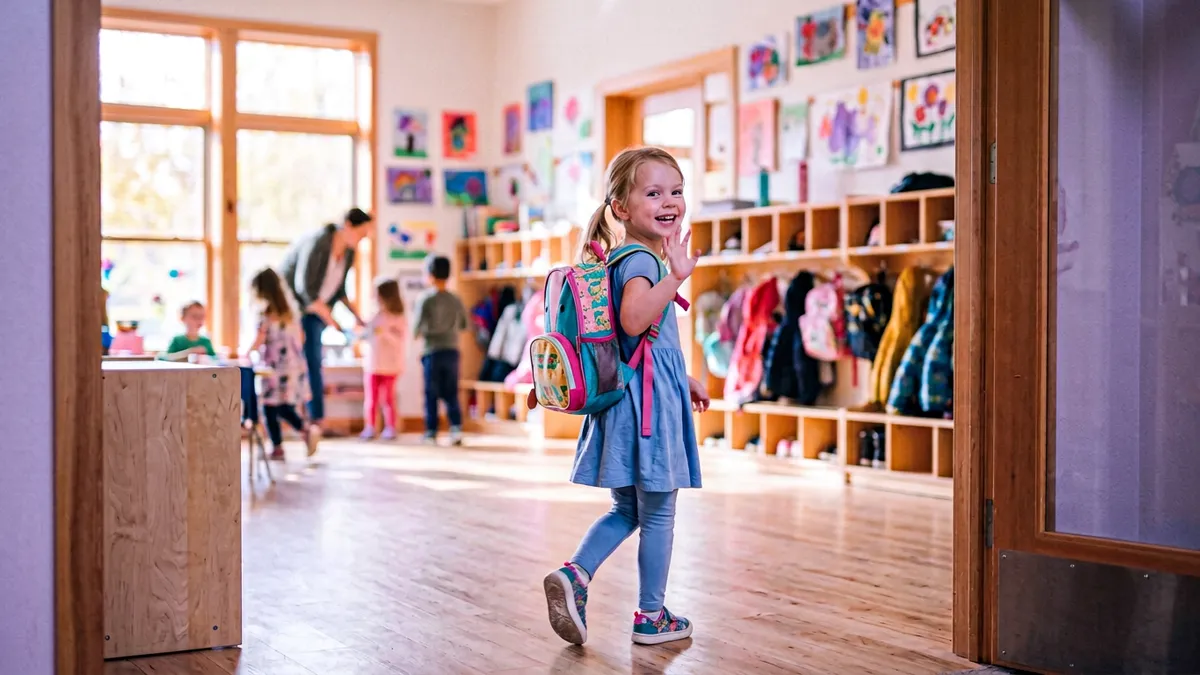 Magabiztos kislány boldogan lép be az óvoda ajtaján egyedül, hátrafordul és mosolyogva integet – szorongásoldás eredménye