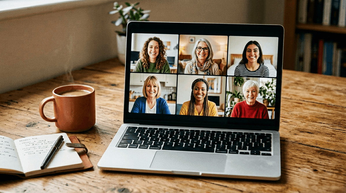 ZseniFészek közösség — laptop képernyőjén mosolygó anyukák online videóhíváson, kávéval és jegyzetfüzettel