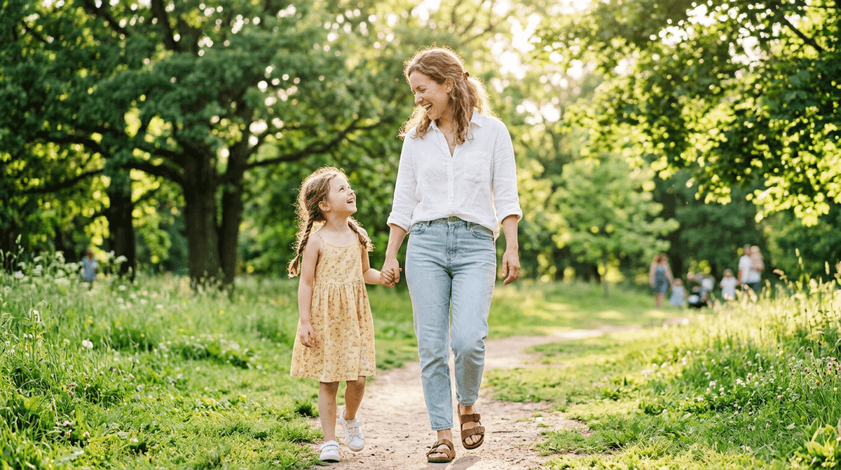 Magabiztos anyuka kézen fogva sétál nevető kislányával egy napfényes parkban — a nyugodt szülőség érzése