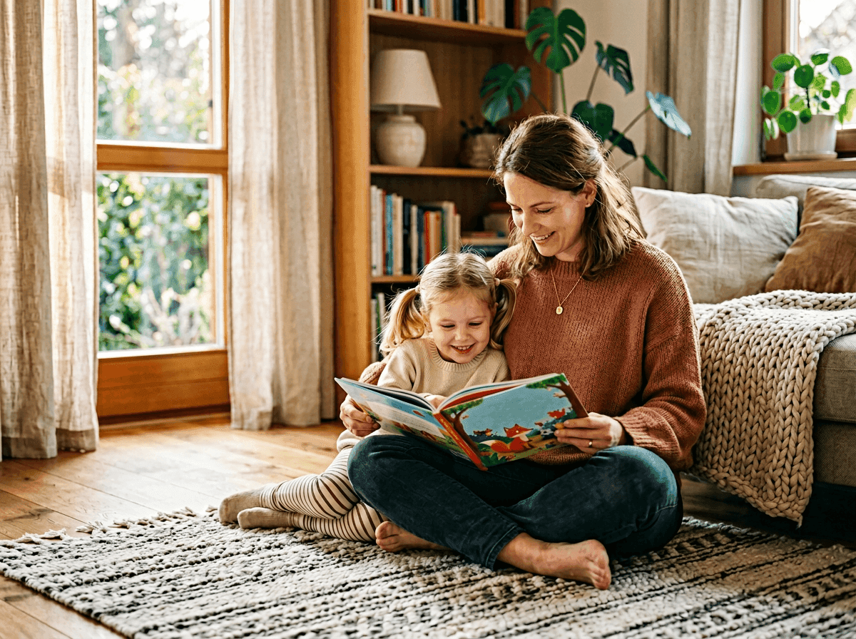 Boldog anyuka mosolyogva olvassa gyermekével a mesekönyvet egy meleg, otthonos nappaliban