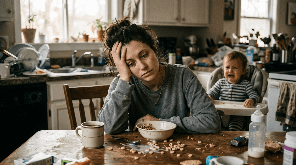 Fáradt anyuka a reggeli káoszban a konyhapultra támaszkodva, miközben a háttérben kisgyerek sír — ismerős reggeli jelenet szülőknek